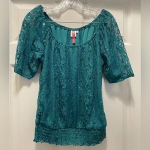 Y2K Heart Soul Teal Sequined Blouse Size Large